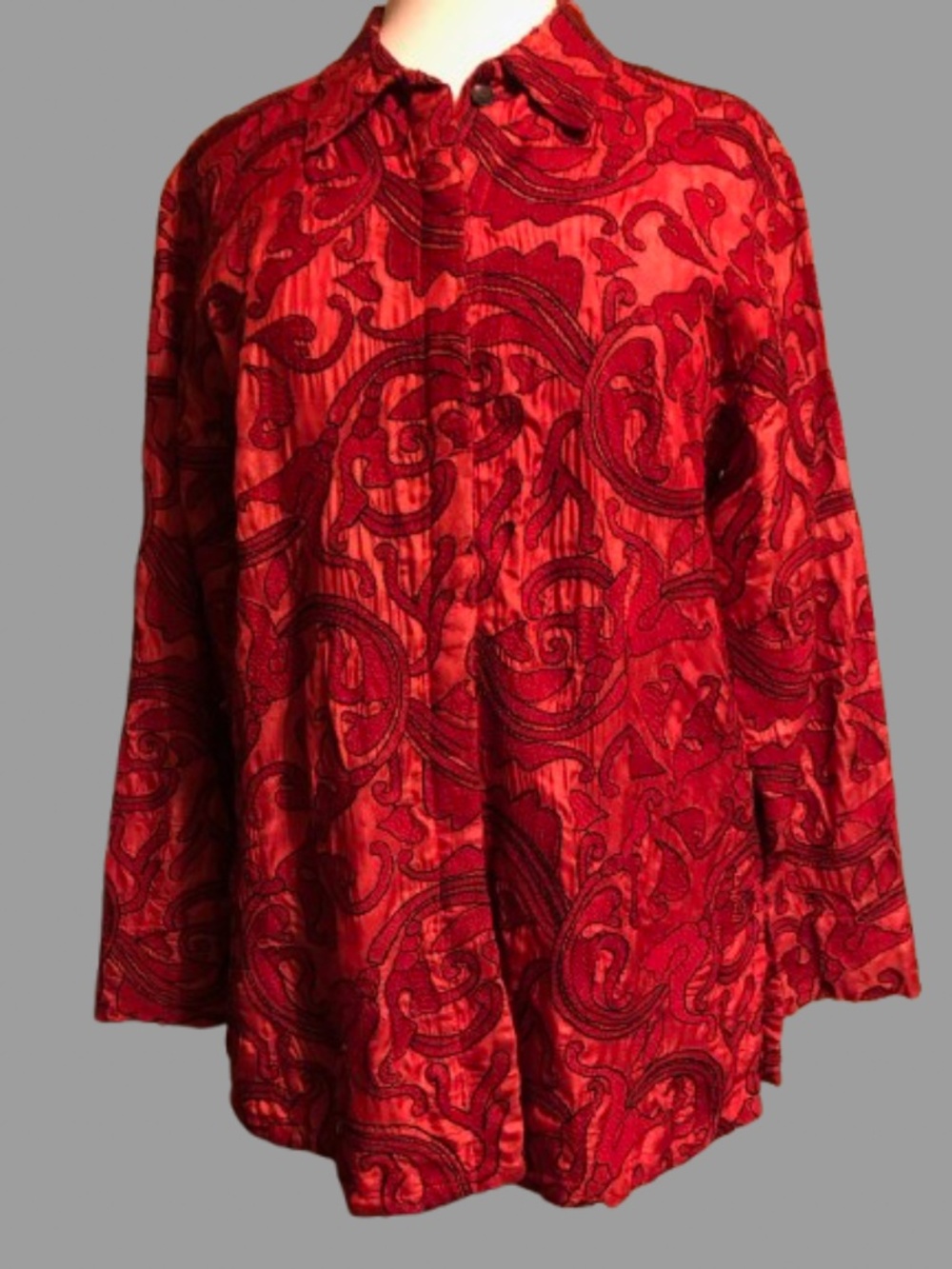 🌹 Luxury Crimson Red 100% Silk Burnout Velvet Paisley Blouse Jacket 🌹